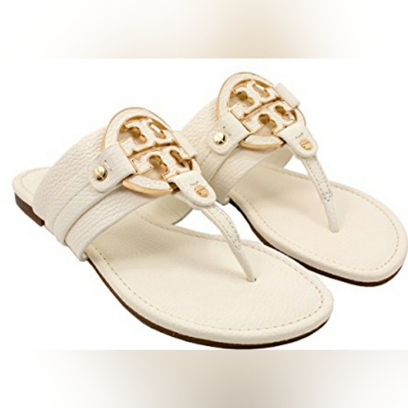 TORY BURCH Amanda ivory PEBBLE LEATHER FLAT THONG SANDALS - SIZE 11M - Picture 1 of 9